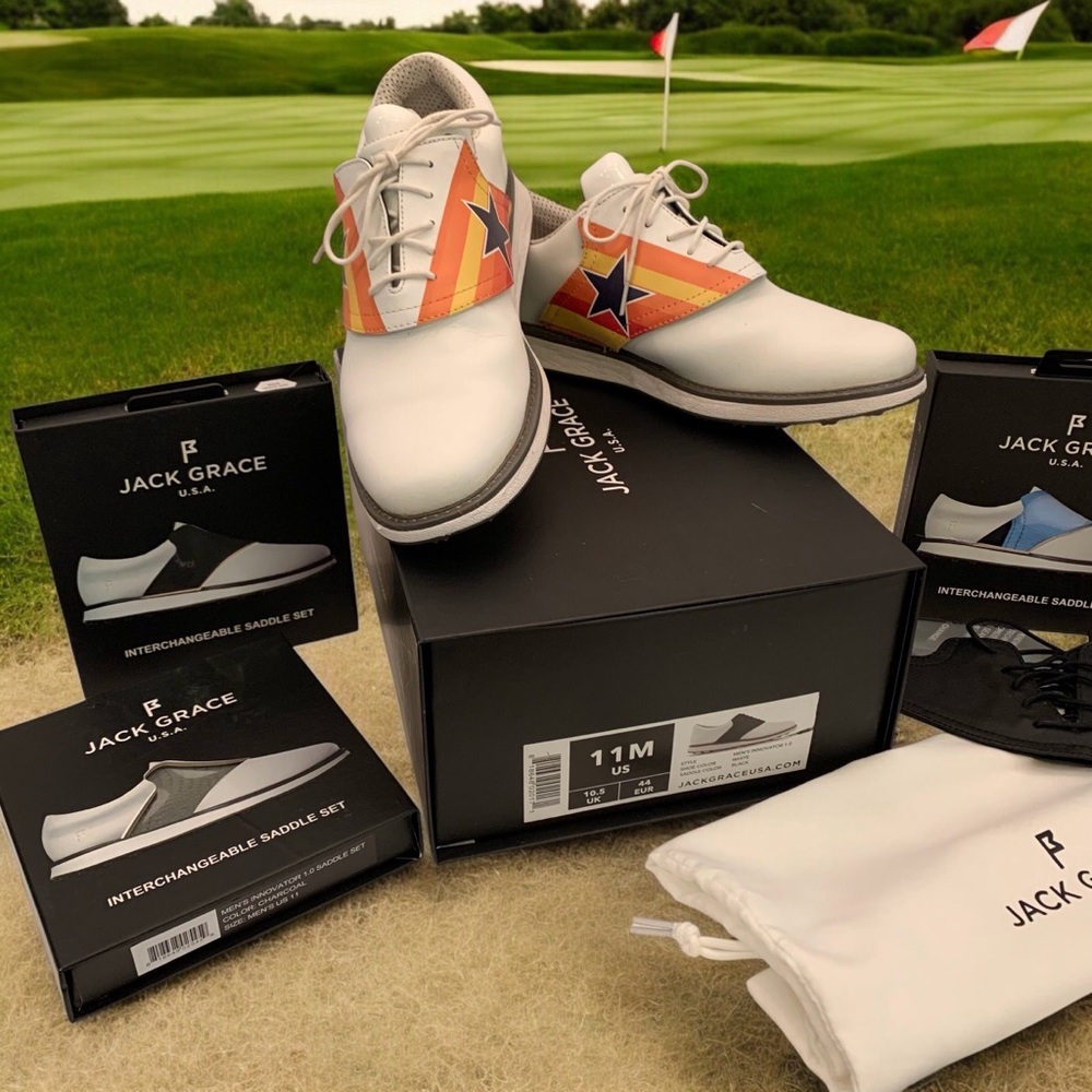 Unique Jack Grace bundle of golf shoes with 5 interchangeable saddle sets.